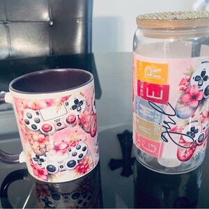 Gamer Mug and Jar Set with Floral Design set w/ straw